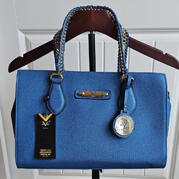 NWT Versace 19v69 Italia Electric Blue Satchel Bag With Crossbody Strap - Picture 4 of 12